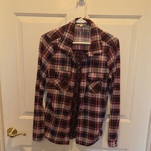 Ultra Flirt Mauve And White Plaid Shirt With Lace On The Back Size Large